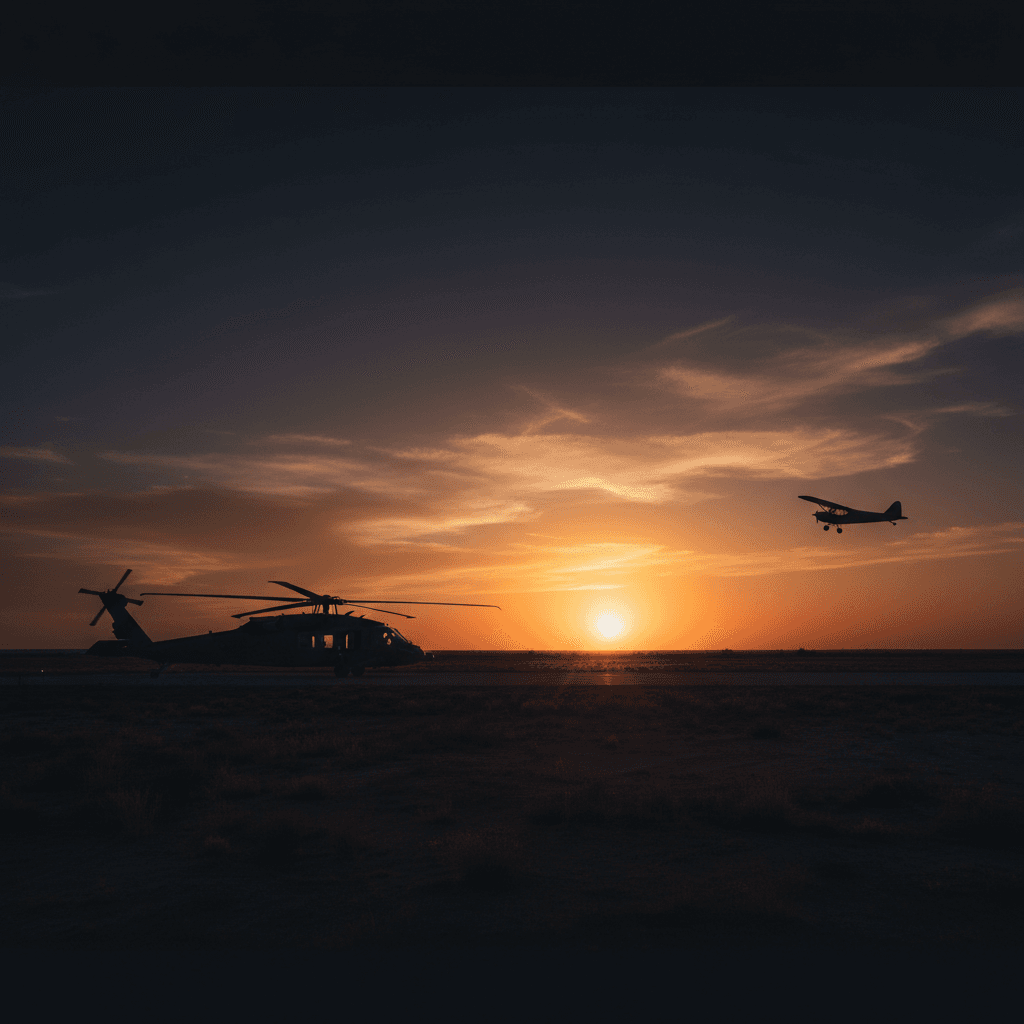 Military helicopter silhouetted at sunset with fixed-wing aircraft flying overhead — representing the rotary to fixed-wing transition